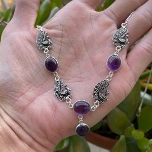😵 Purple Amethyst Peacock Y lariat necklace choker gemstone agate 925 silver